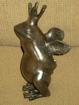 Frog Prince Sculpture - Statue W/ Crown & Wings 6 - 1/2 " 2 Pounds Brass
