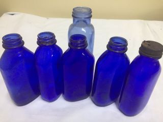 (5) Vintage Blue Milk Of Magnesia Cobolt Glass Bottles (k)