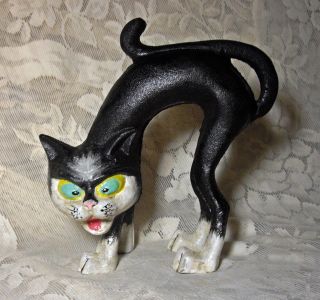 Crouching Black & White Cat Cast Iron Doorstop Statue Witches 