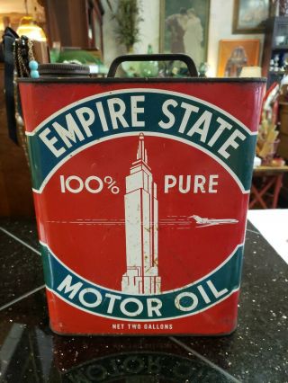 Vintage Empire State 100 Pure Motor Oil 2 Gallon Can Gas Station Advertising 3