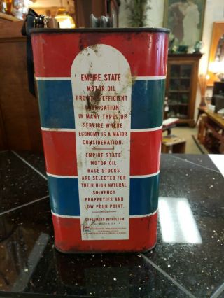Vintage Empire State 100 Pure Motor Oil 2 Gallon Can Gas Station Advertising 3 5