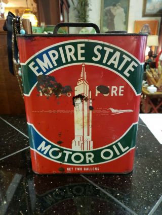 Vintage Empire State 100 Pure Motor Oil 2 Gallon Can Gas Station Advertising 3 6