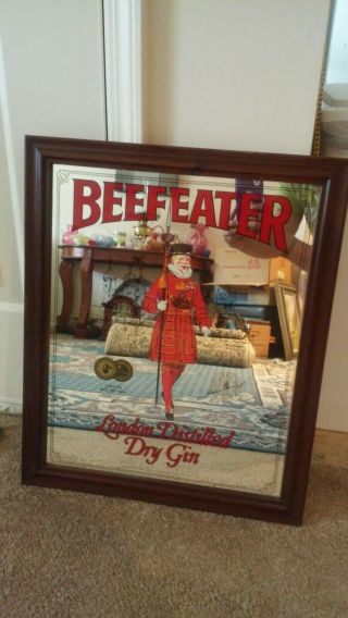 Vintage Beefeater Gin Mirror Sign Wood Frame Advertising