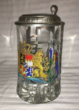 Vintage West German Flags Cut Glass Beer Stein Bmf Zinn 95 Pewter Lid Beer