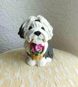 Old English Sheepdog With Basket Of Flowers Sculpture Clay By Raquel At Thewrc