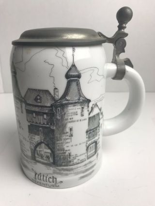 Vintage German Gegr 1849 Uhlenhorst Julich Hexenturm Beer Stein Mug Nickel Lid