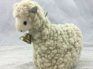 Vintage Hand Made Sweden Wooly Sheep Stuffed Animal Figurine W/ Brass Bell