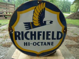 Old Richfield Hi - Octane Gasoline Porcelain Gas Station Pump Sign