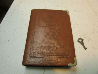 Brown Leather Wild West Strong Box Book Bank W/ Key - Great -