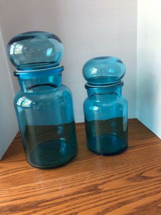 Set Of 2 Vintage Glass Apothecary Blue Belgium Jars Bubble Lid Treasuremms