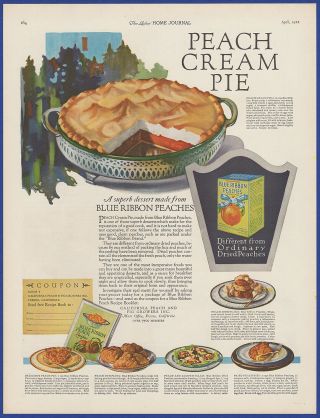 Vintage 1922 Blue Ribbon Peaches Peach Cream Pie Kitchen Art Decor Print Ad 20 