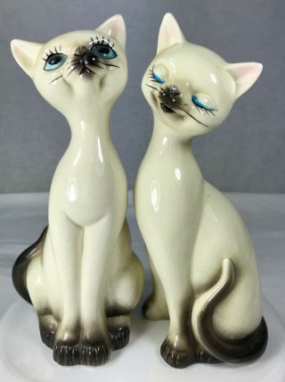 2 Siamese Kitty Cat Figurines Vintage Japan Mid Century 9.  75 " Sweet Old Time