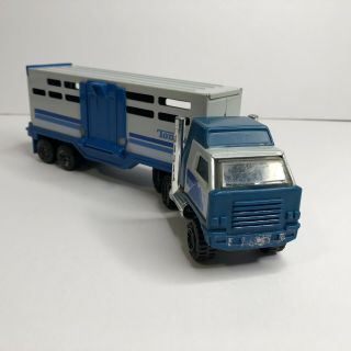 Rare Vintage Tiny Tonka Blue Pressed Steel Semi Truck With Horse Trailer - 1981