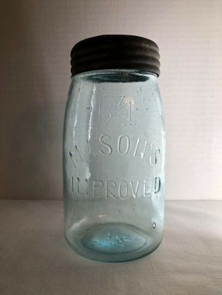 Vtg Aqua Quart Fruit Jar - (cross) Mason’s Improved - Hfjco - Canning Bottle
