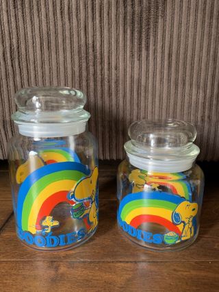 Vintage 1965 Snoopy Woodstock Glass Goodies Cookie Candy Jars Set Peanuts