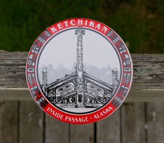 Ceramic Round Red Black Coaster Ketchikan Inside Passage Alaska Totem Cork Back