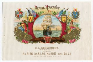 Early Royal Havana Cigar Box Paper Litho Sample Label O.  L.  Schwencke Ny Ship