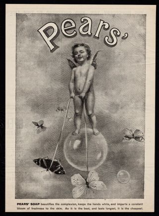 1904 Pears Soap Print Ad - Art,  Cupid On A Bubble,  Harnessed Butterflies