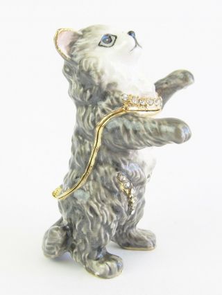Cat Jewelled & Enamelled Trinket Box Or Figurine,  Grey & White Tabby