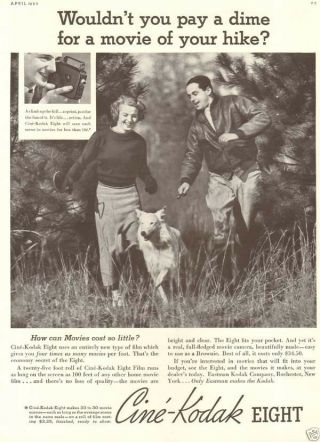 1930s Vintage Cine Kodak Eight Movie Camera White Collie Dog Hiking Couple Ad