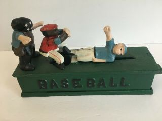Vintage Cast Iron Mechanical Baseball Coin Bank Player Slides Home