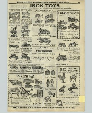 1928 Paper Ad Cast Iron Toy Cars Trucks Banks Novelty Bus Gilbert Erector Tools