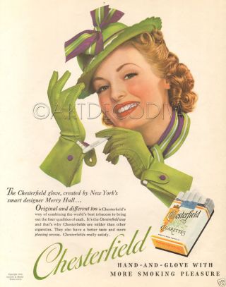 Vtg Chesterfield Cigarette Dispenser Ladies Fashion Designer Glove Merry Hull Ad