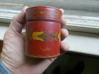 Early Antique Hand Painted Tole Tin Coin Bank 3 " Tall With Lid 1800s