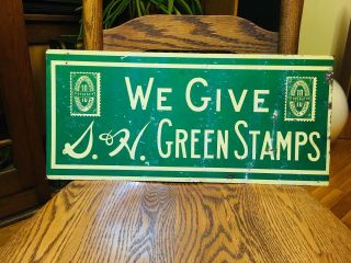 Early Antique Tin We Give S.  & H.  Green Stamps Metal Sign 20x9 Rare