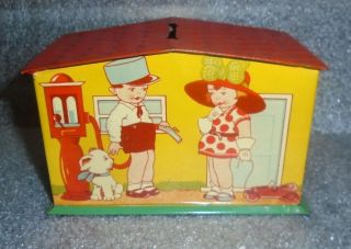 Graphic Old Tin Litho Toy Gas Station Still Bank