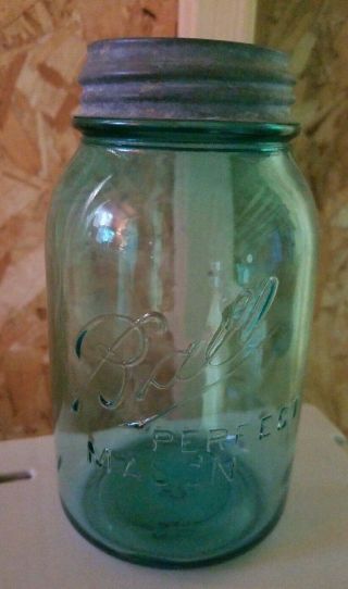 Quart Vintage Ball Perfect Mason Blue Glass Canning Jar W/ Zinc 1910 - 1923 Error