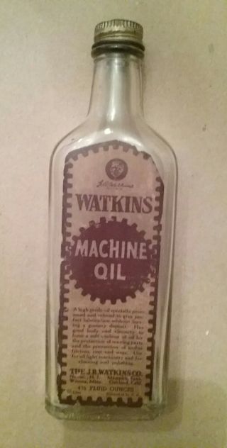 Early Vintage J R Watkins Machine Oil Embossed Glass Bottle 4.  5 Ounces 7 " Tall