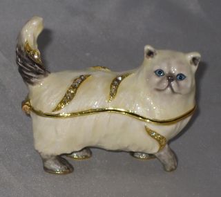 White Persian Cat Trinket Box Crystals Magnetic Closure Blue Eyes Kitty