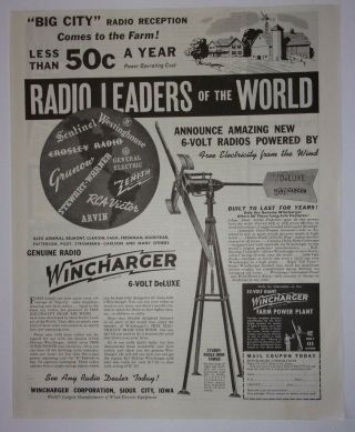 1937 Wincharger 6 Volt Deluxe Radio Advertisement Sioux City,  Iowa