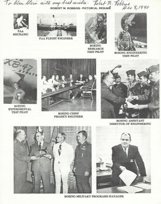 Robert Robbins Signed Biography Page Boeing Test Pilot Military