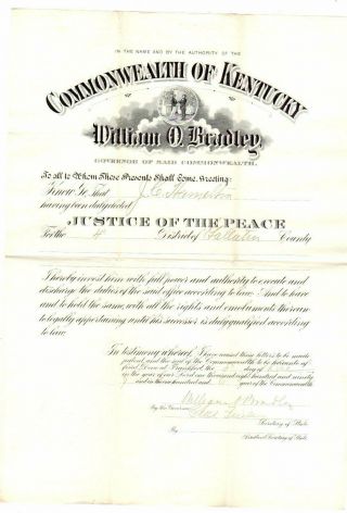 Ky Gov.  William O.  Bradley 1897 Signed Justice Commission