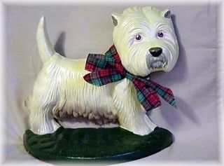 West Highland Terrier Cast Iron Doorstop Westie Dog With Plaid Ribbon Bow