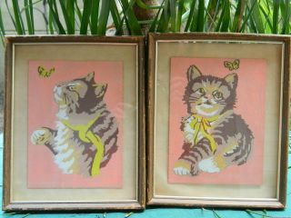 Charity Vtg Pair Paint By Numbers Kitten Butterfly 70 