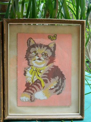 Charity VTG Pair Paint By Numbers Kitten Butterfly 70 ' s Finished Framed 2