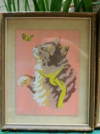 Charity VTG Pair Paint By Numbers Kitten Butterfly 70 ' s Finished Framed 3