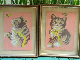 Charity VTG Pair Paint By Numbers Kitten Butterfly 70 ' s Finished Framed 8