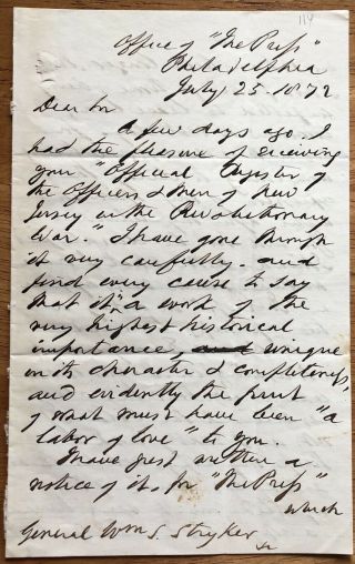 Poet,  Author Robert Shelton Mackenzie Autograph Letter To Gen.  William Stryker