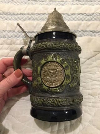 German Lidded Stein Dbgm Olympics Coin Pewter Top