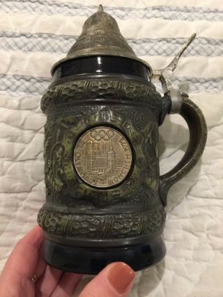 GERMAN LIDDED STEIN DBGM OLYMPICS COIN PEWTER TOP 3