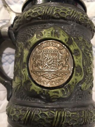GERMAN LIDDED STEIN DBGM OLYMPICS COIN PEWTER TOP 5