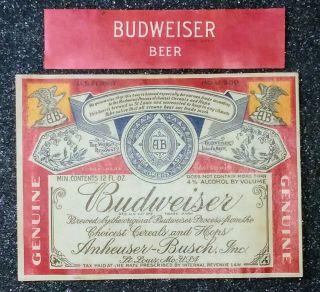 Budweiser Beer Label W/neck.  Anheuser Busch Brg.  Co.  St.  Louis Mo.  U Permit Irtp