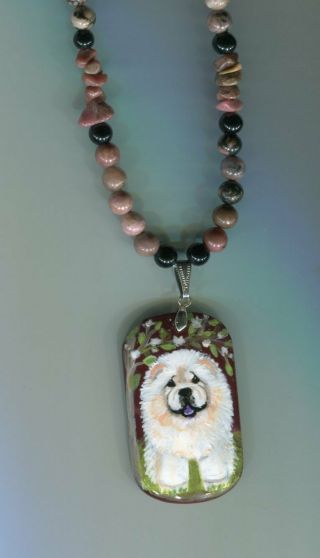 Hand Painted Cream Chow Stone Necklace.  Art