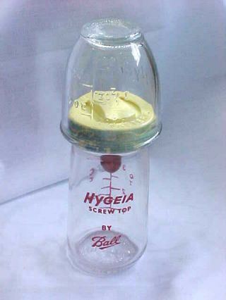 Vintage 4oz Glass Baby Bottle Hygeia Screw Top By Ball With Nipple & Glass Cover