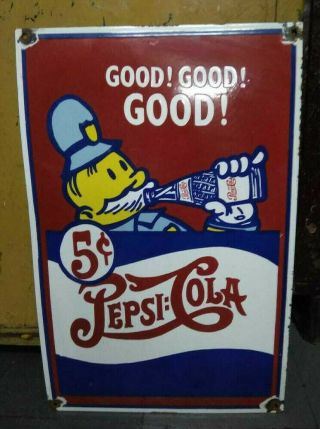 Pepsi Cola 5 Cent Porcelain Enamel Sign 24.  5 X16 Inches Single Sided