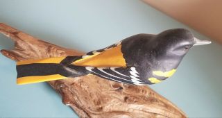 Hand Carved & Painted Wooden Bird Baltimore Oriole On Driftwood Figurine 3